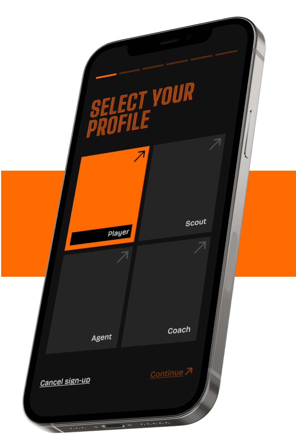 The Tranxfer Market app's profile selection screen, shown on a tilted phone in front of an orange stripe